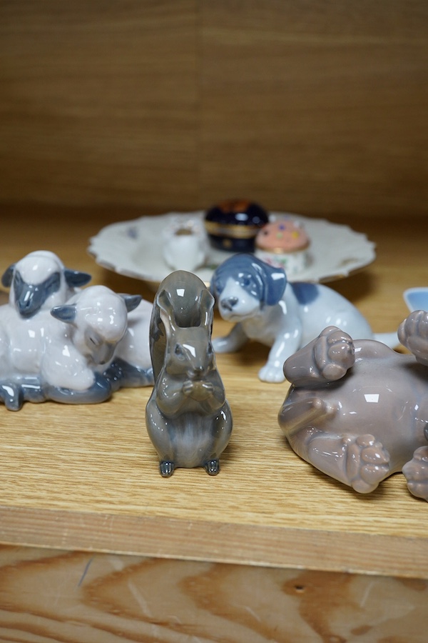 A group of various Royal Copenhagen animals and dishes, together with Halcyon Days, Limoges and a small porcelain shoe, tallest 14.5cm high. Condition - good